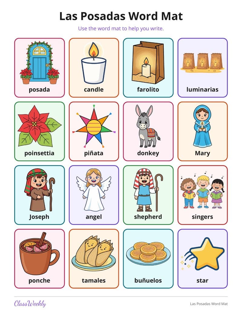 Las Posadas Word Mat - Kindergarten Holiday Activities printable preview