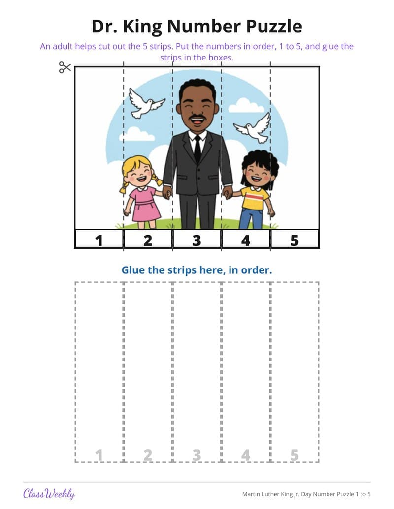 Martin Luther King Jr. Day Number Puzzle 1 to 5 - Kindergarten Holiday Activities printable preview