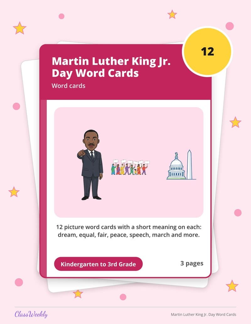 Martin Luther King Jr. Day Word Cards - 3rd Grade Holiday Activities printable preview