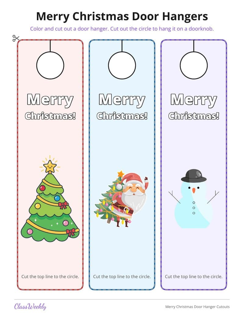 Merry Christmas Door Hanger Cutouts - 2nd Grade Holiday Activities printable preview