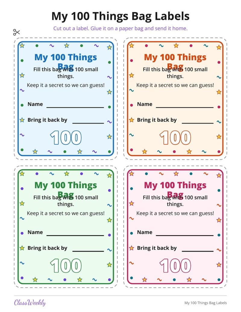 My 100 Things Bag Labels - 2nd Grade Holiday Activities printable preview