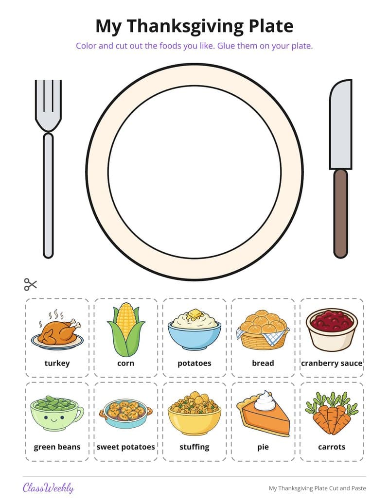 My Thanksgiving Plate Cut and Paste - 2nd Grade Holiday Activities printable preview