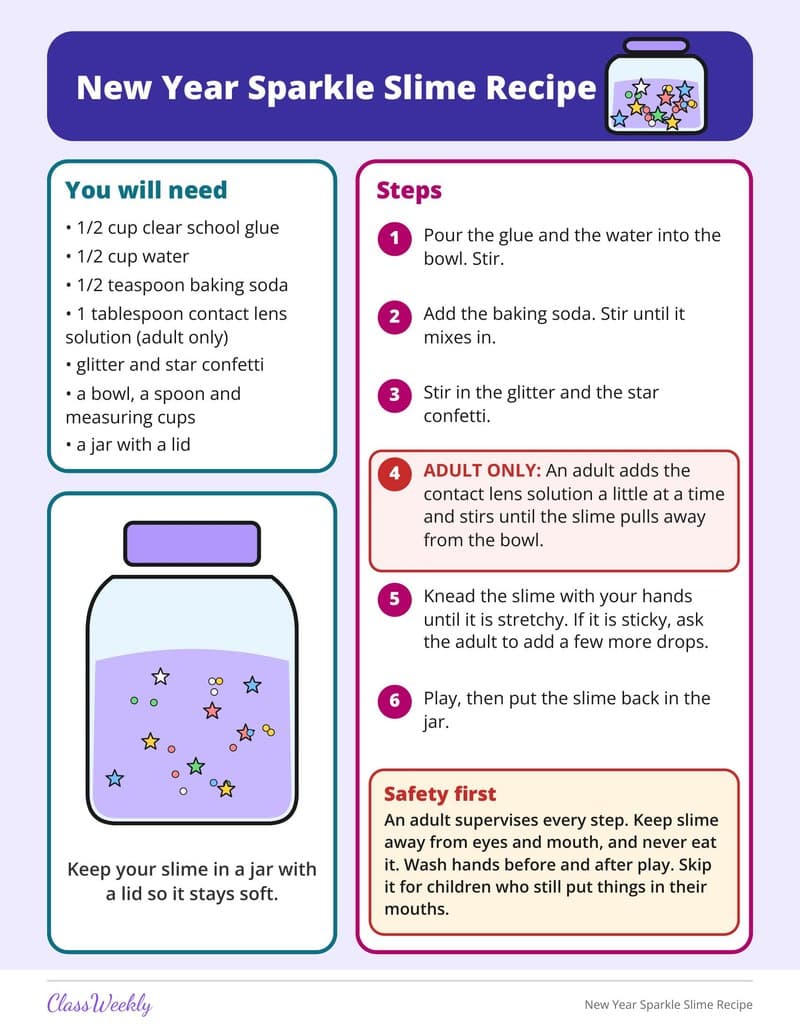 New Year Sparkle Slime Recipe - 3rd Grade Holiday Activities printable preview