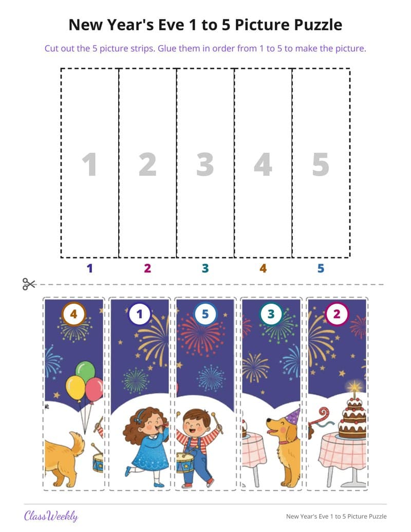 New Year's Eve 1 to 5 Picture Puzzle - Kindergarten Holiday Activities printable preview