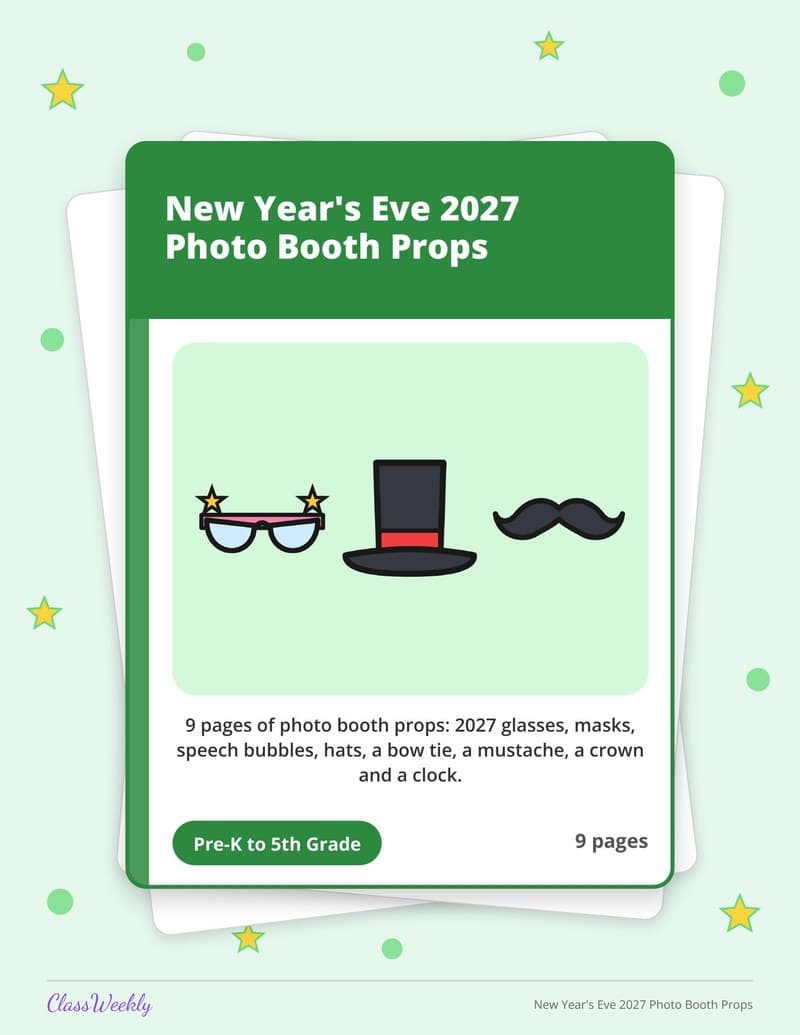 New Year's Eve 2027 Photo Booth Props - 3rd Grade Holiday Activities printable preview