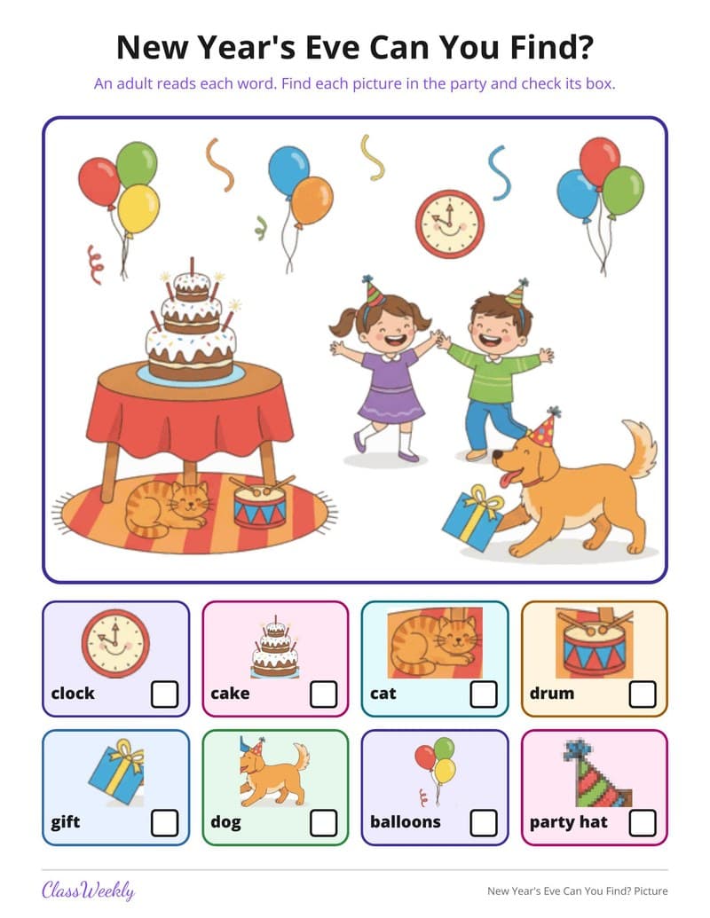 New Year's Eve Can You Find? Picture - Kindergarten Holiday Activities printable preview