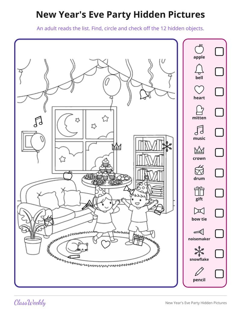 New Year's Eve Party Hidden Pictures - Kindergarten Holiday Activities printable preview