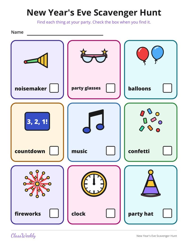 New Year's Eve Scavenger Hunt - Kindergarten Holiday Activities printable preview