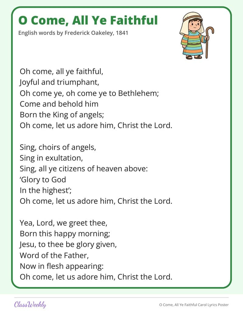 O Come, All Ye Faithful Carol Lyrics Poster - 3rd Grade Holiday Activities printable preview