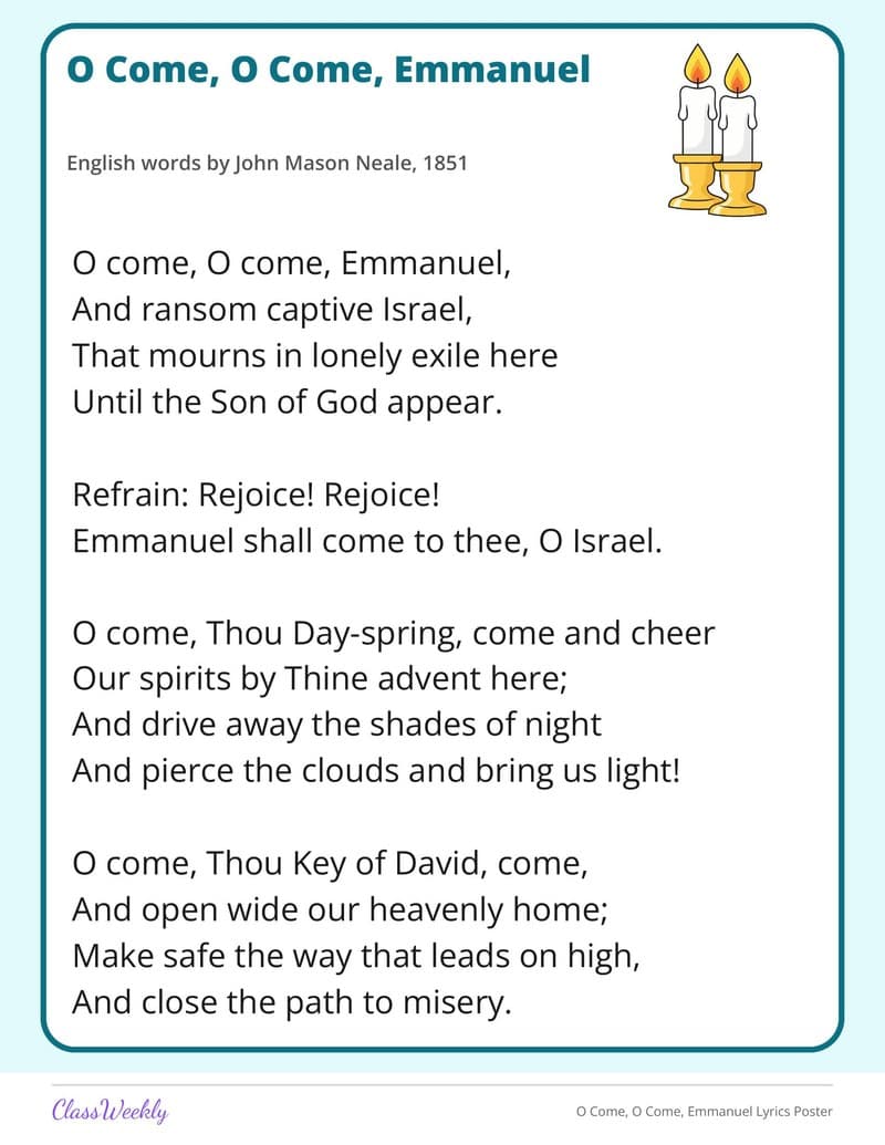 O Come, O Come, Emmanuel Lyrics Poster - 3rd Grade Holiday Activities printable preview