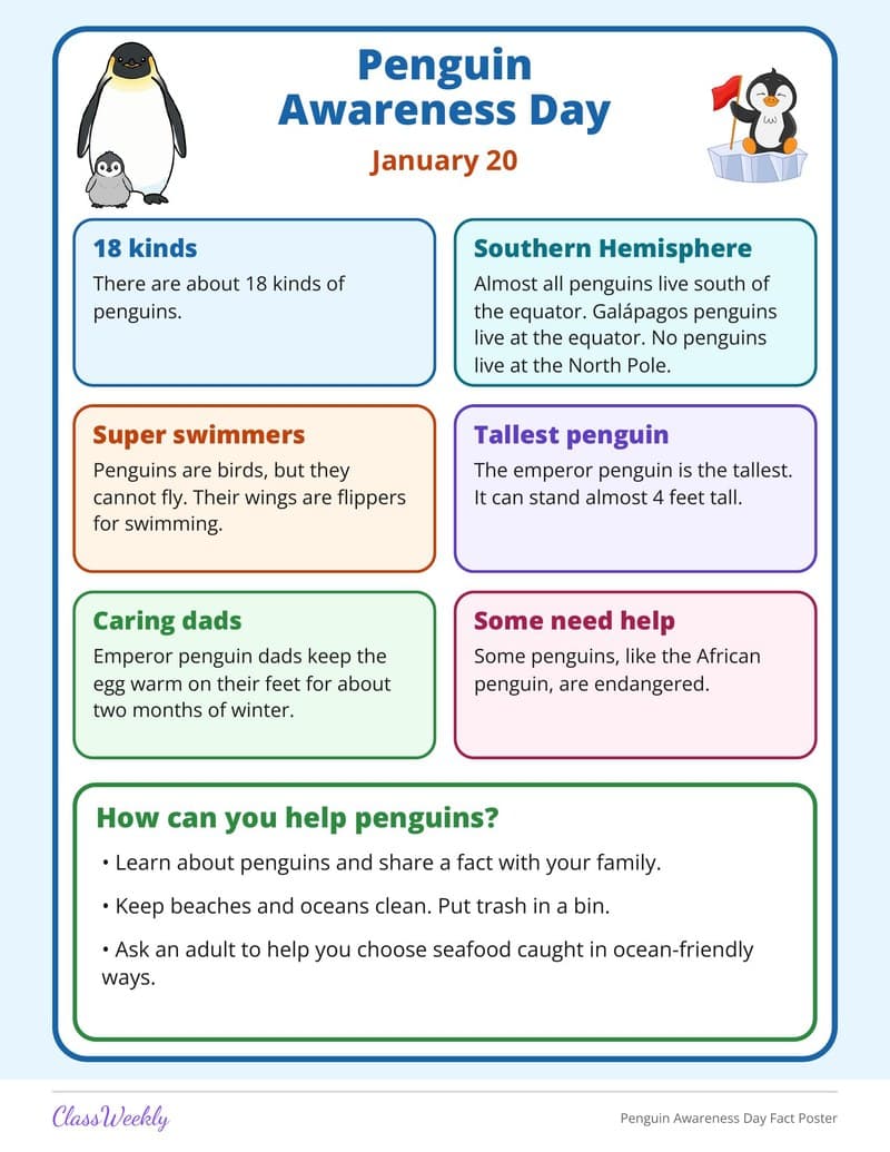 Penguin Awareness Day Fact Poster - 2nd Grade Holiday Activities printable preview