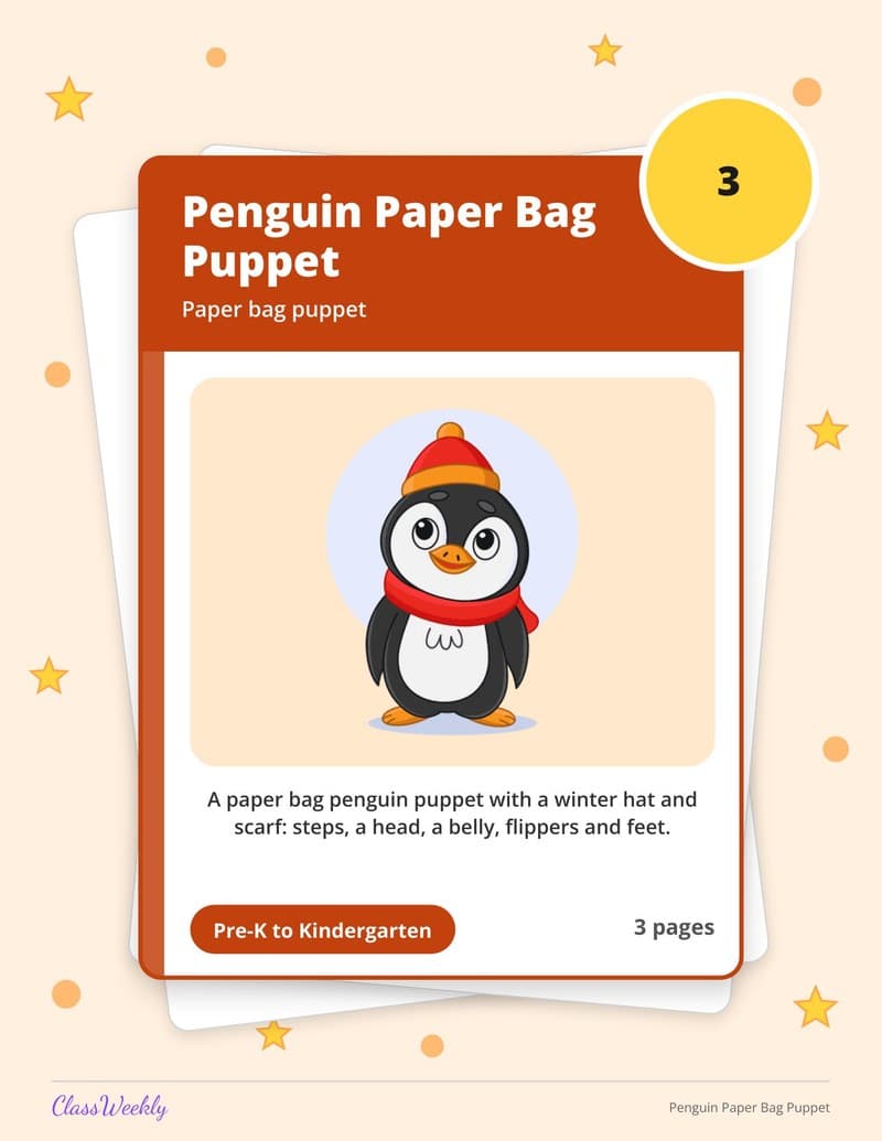 Penguin Paper Bag Puppet - Kindergarten Holiday Activities printable preview
