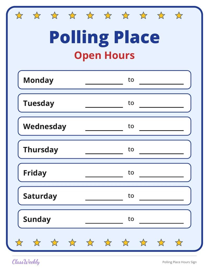 Polling Place Hours Sign - Kindergarten Holiday Activities printable preview