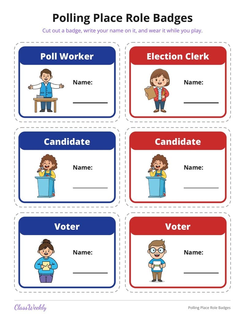 Polling Place Role Badges - Kindergarten Holiday Activities printable preview