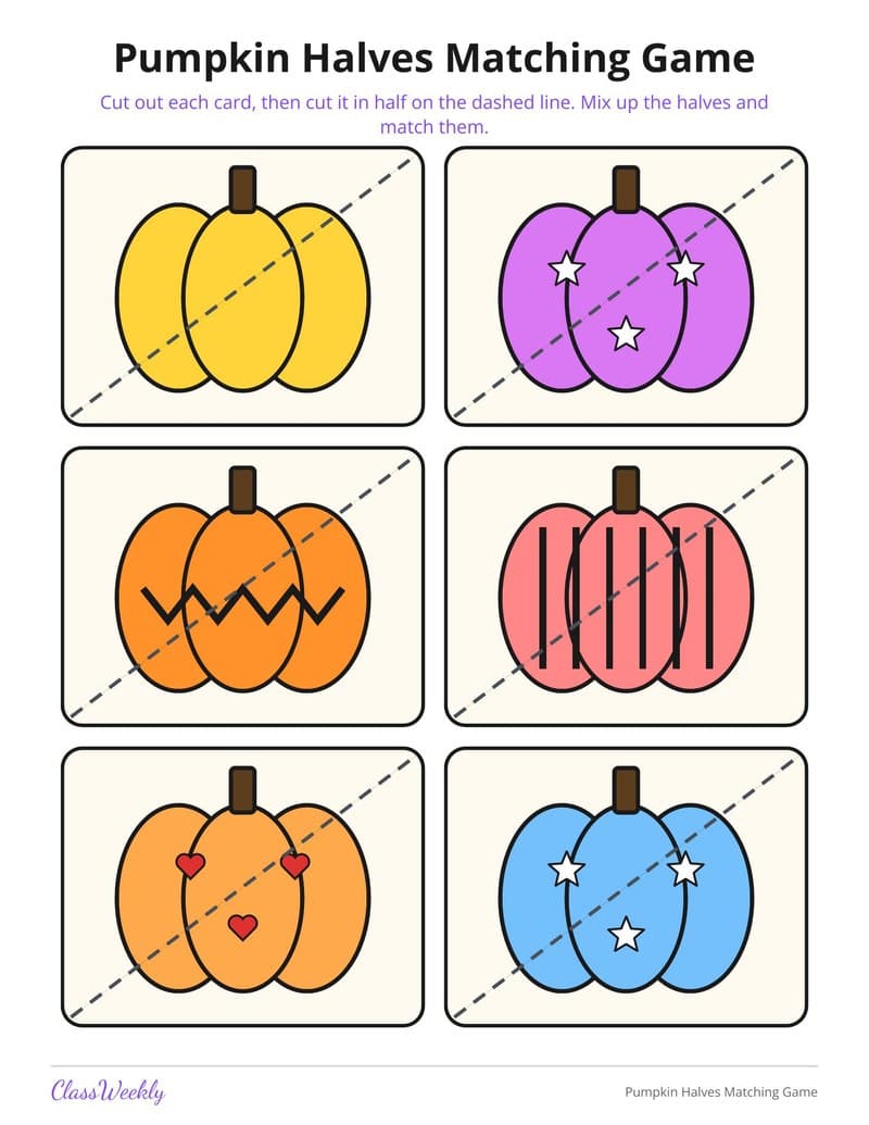 Pumpkin Halves Matching Game - Kindergarten Holiday Activities printable preview
