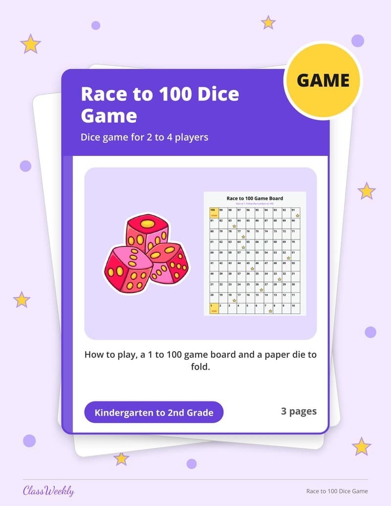 Race to 100 Dice Game - 2nd Grade Holiday Activities printable preview