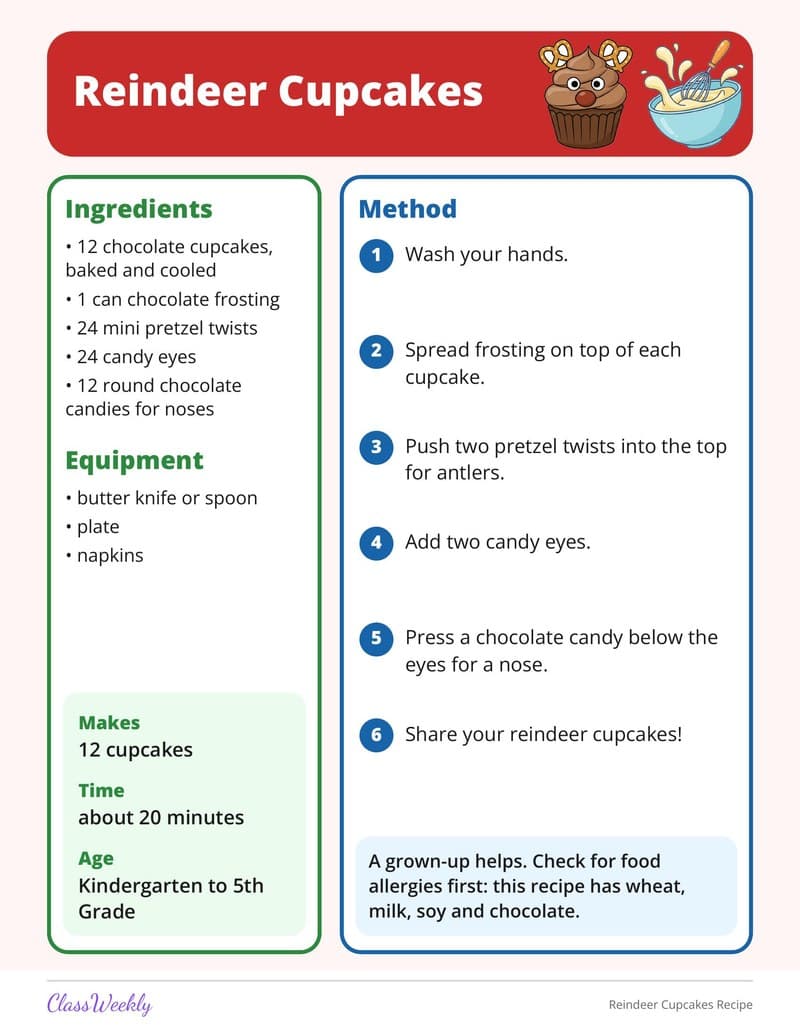 Reindeer Cupcakes Recipe - 3rd Grade Holiday Activities printable preview