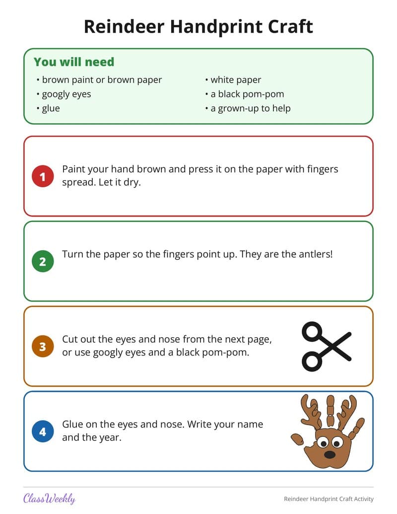 Reindeer Handprint Craft Activity - 2nd Grade Holiday Activities printable preview