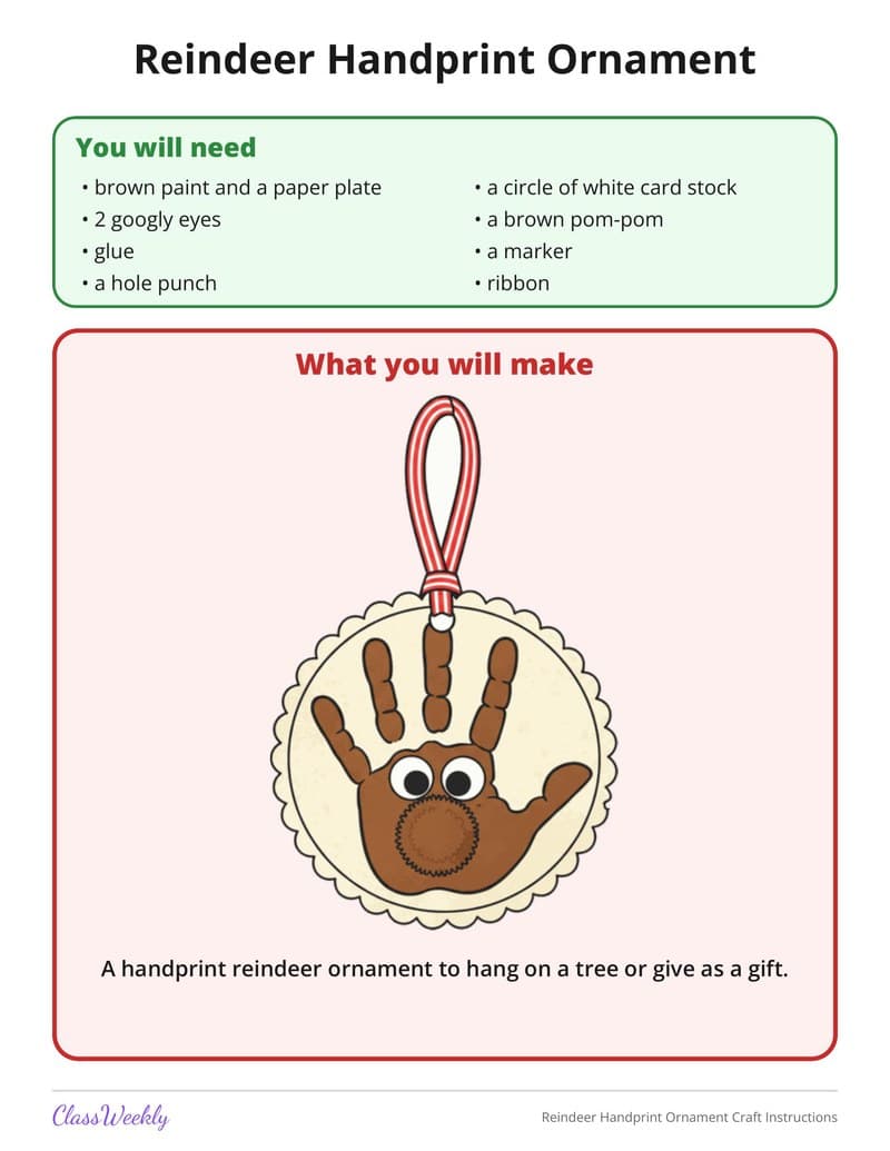 Reindeer Handprint Ornament Craft Instructions - Kindergarten Holiday Activities printable preview