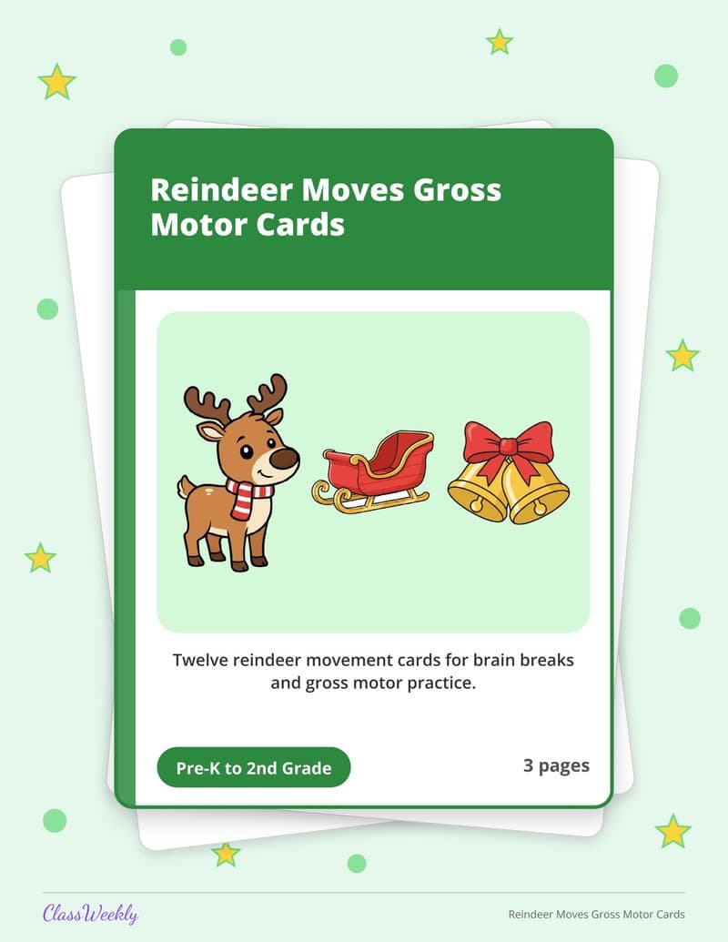 Reindeer Moves Gross Motor Cards - Kindergarten Holiday Activities printable preview