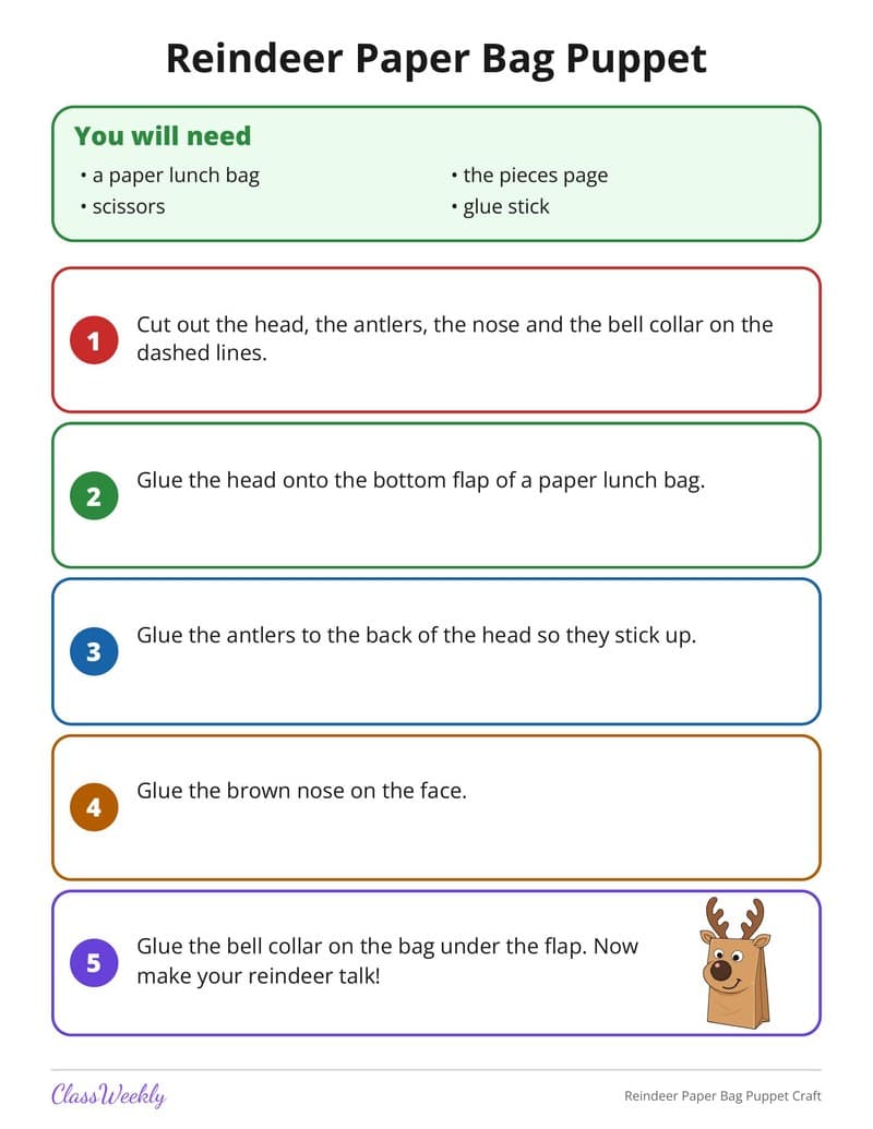 Reindeer Paper Bag Puppet Craft - Kindergarten Holiday Activities printable preview