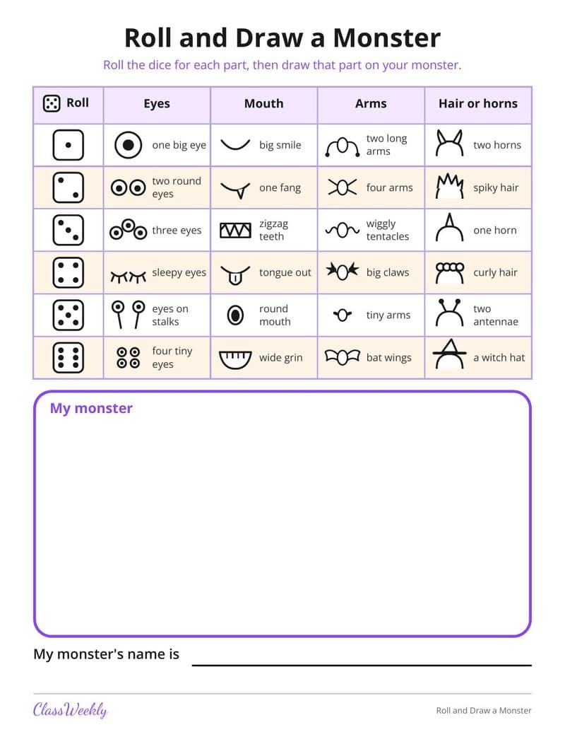 Roll and Draw a Halloween Monster - Kindergarten worksheet preview