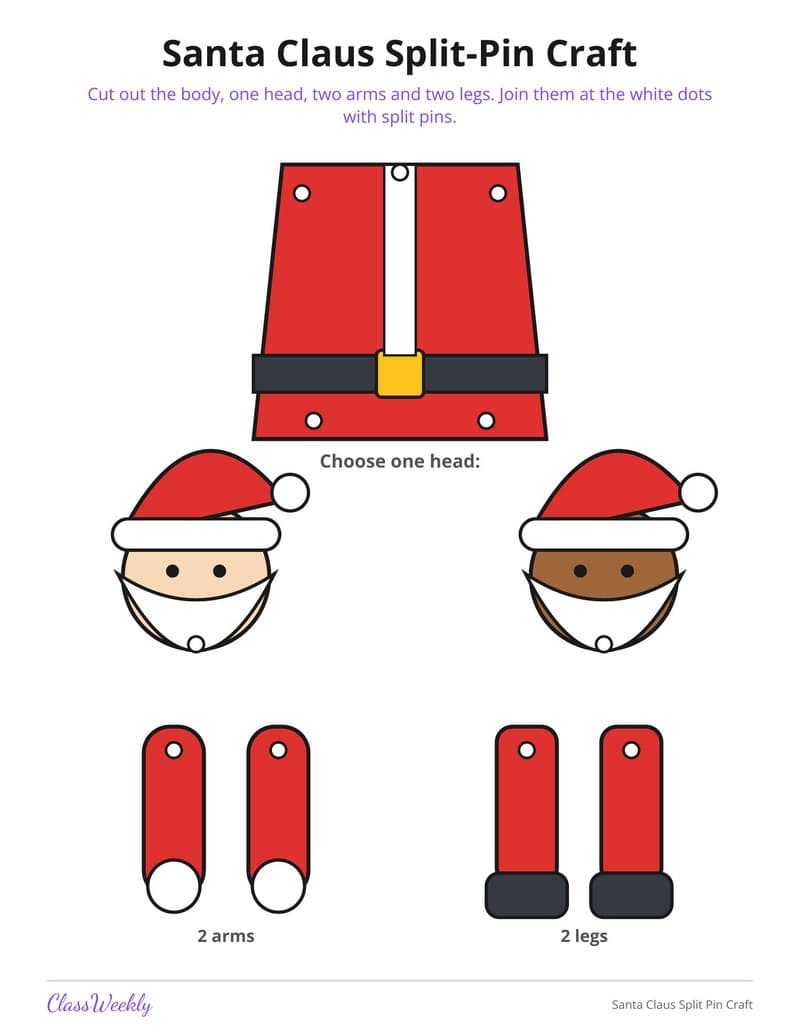 Santa Claus Split Pin Craft - 2nd Grade Holiday Activities printable preview