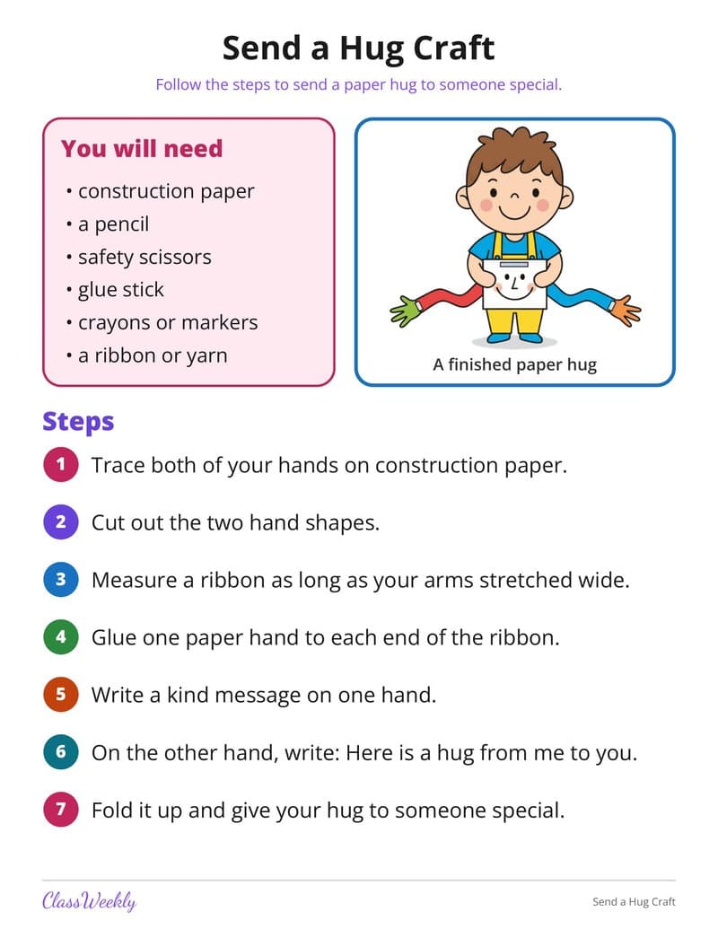 Send a Hug Craft - 2nd Grade Holiday Activities printable preview