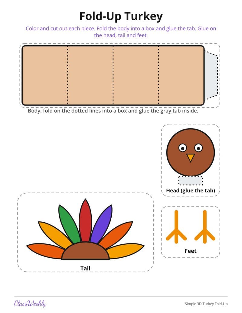 Simple 3D Turkey Fold-Up - Kindergarten Holiday Activities printable preview