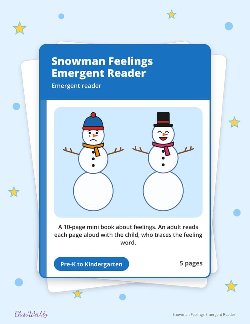 Snowman Feelings Emergent Reader - Kindergarten Holiday Activities printable preview