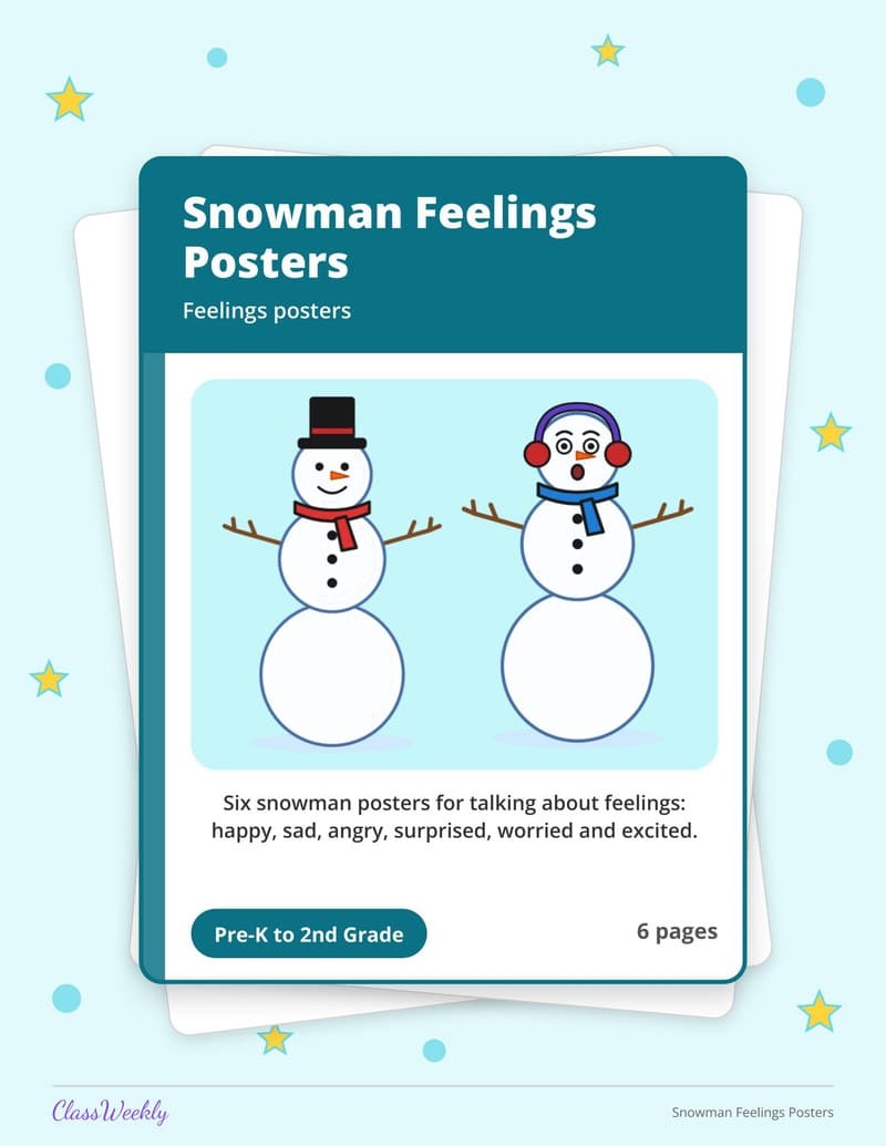 Snowman Feelings Posters - 2nd Grade Holiday Activities printable preview