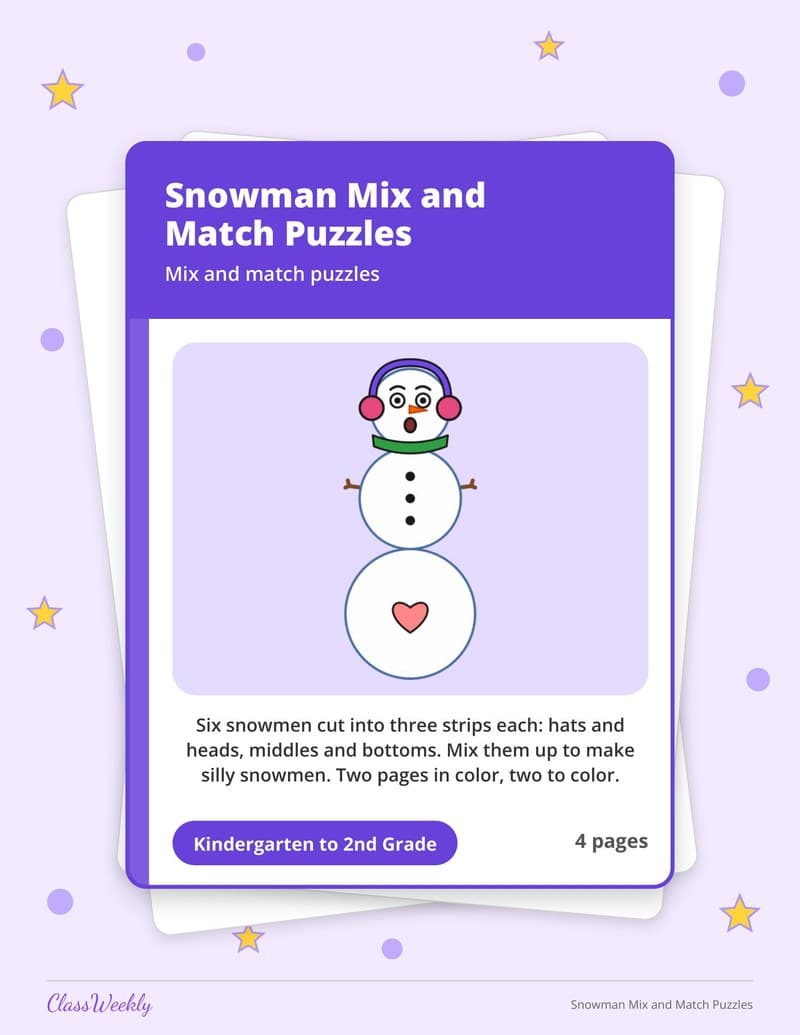Snowman Mix and Match Puzzles - 2nd Grade Holiday Activities printable preview
