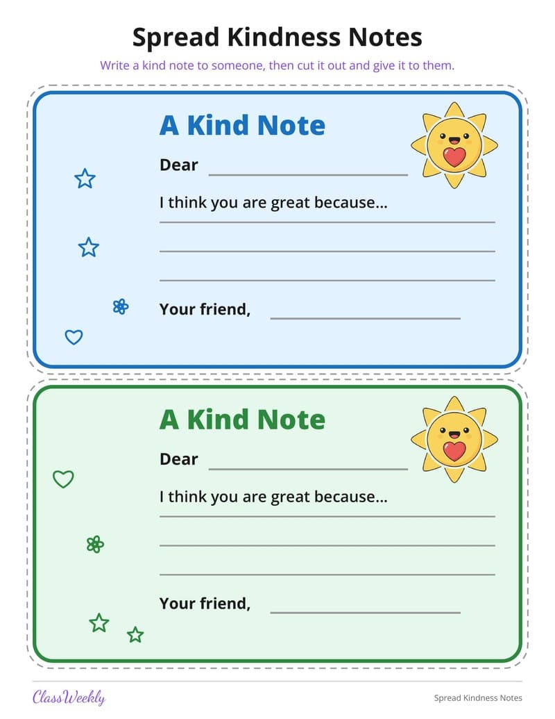 Spread Kindness Notes - Kindergarten Holiday Activities printable preview
