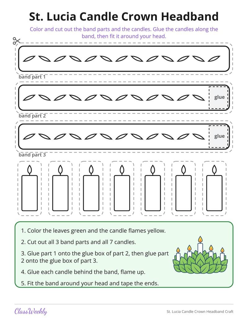 St. Lucia Candle Crown Headband Craft - Kindergarten Holiday Activities printable preview
