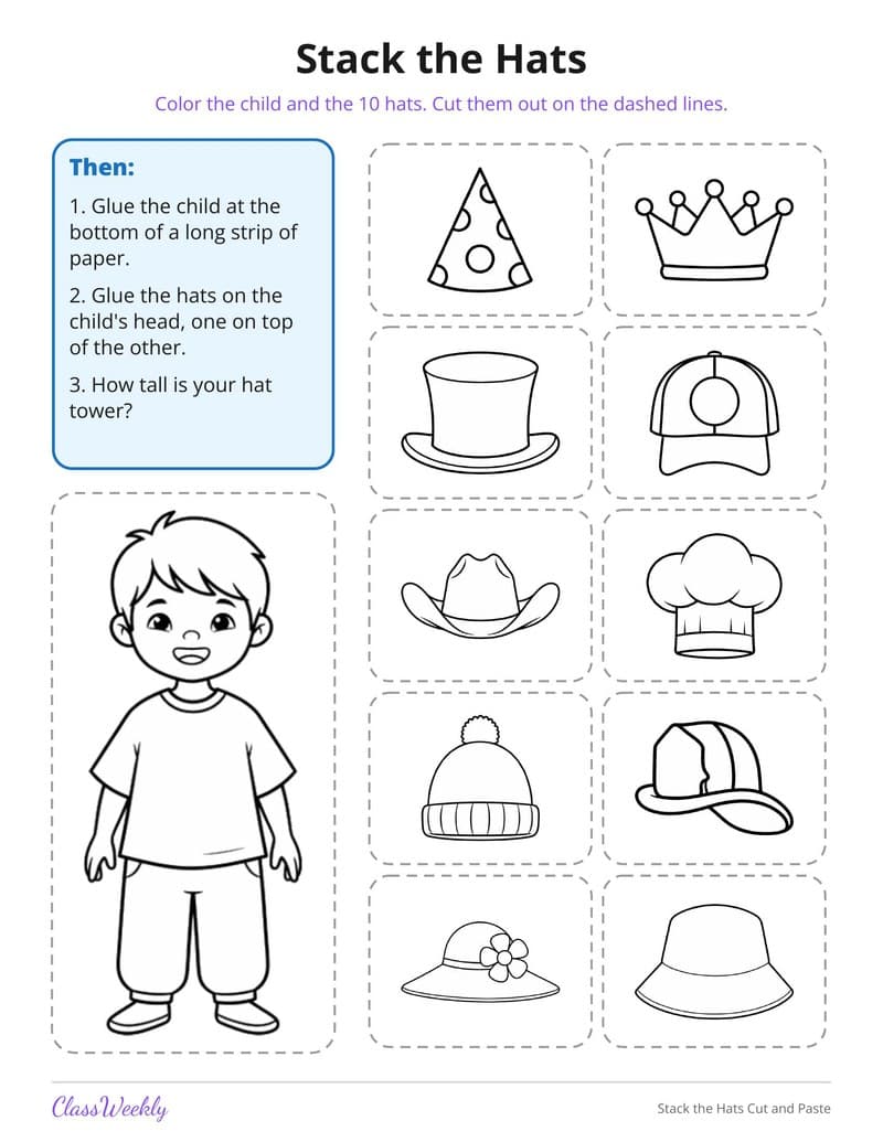 Stack the Hats Cut and Paste - Kindergarten Holiday Activities printable preview