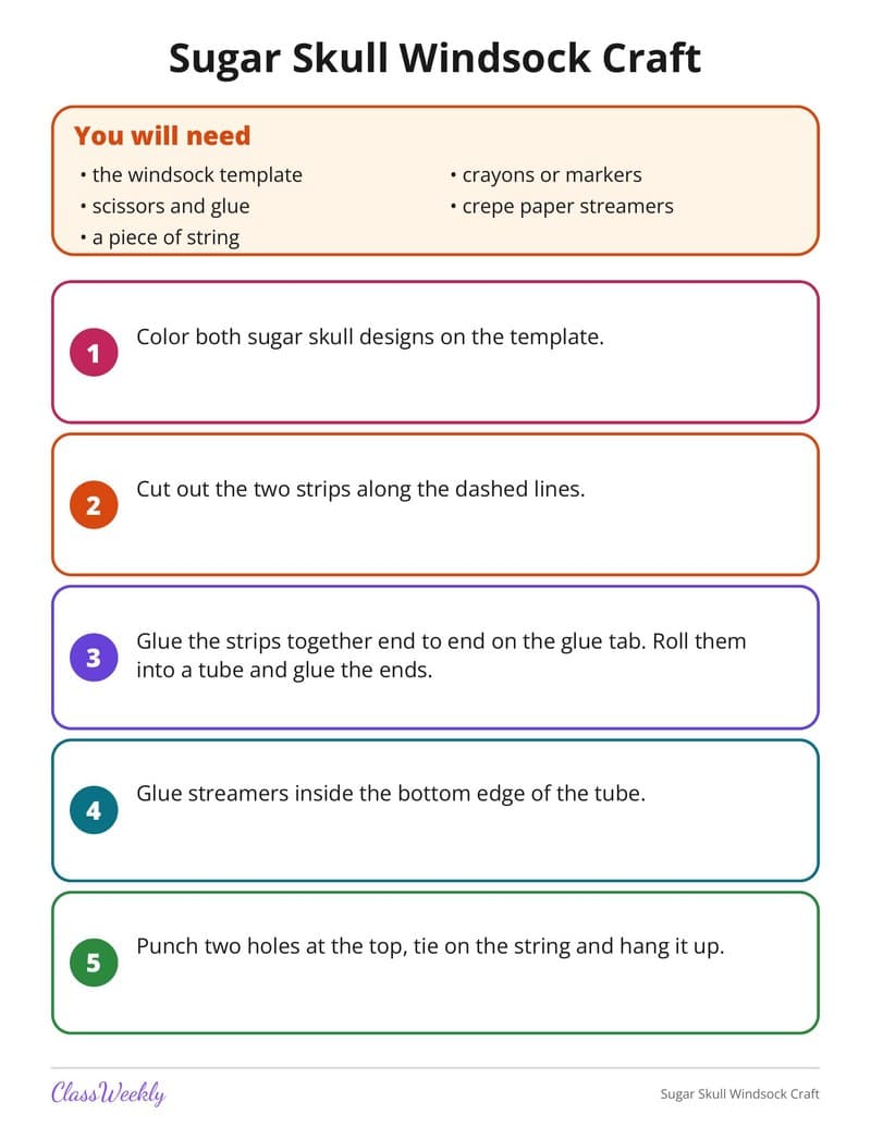 Sugar Skull Windsock Craft - 2nd Grade Holiday Activities printable preview