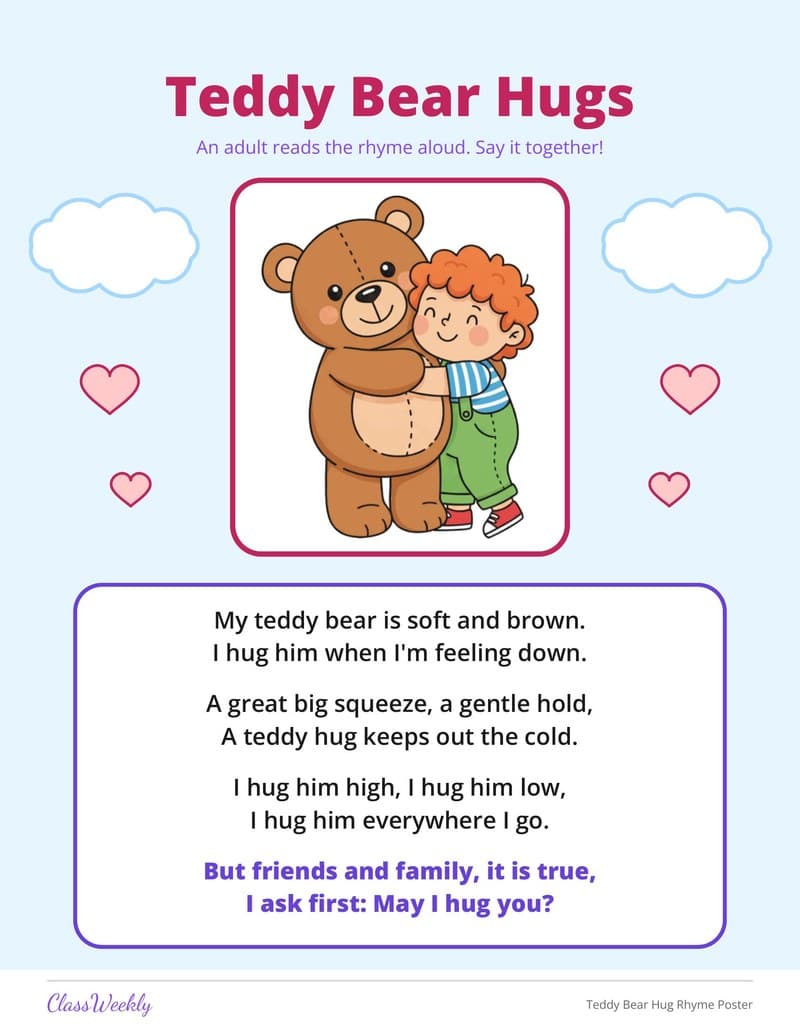 Teddy Bear Hug Rhyme Poster - Kindergarten Holiday Activities printable preview