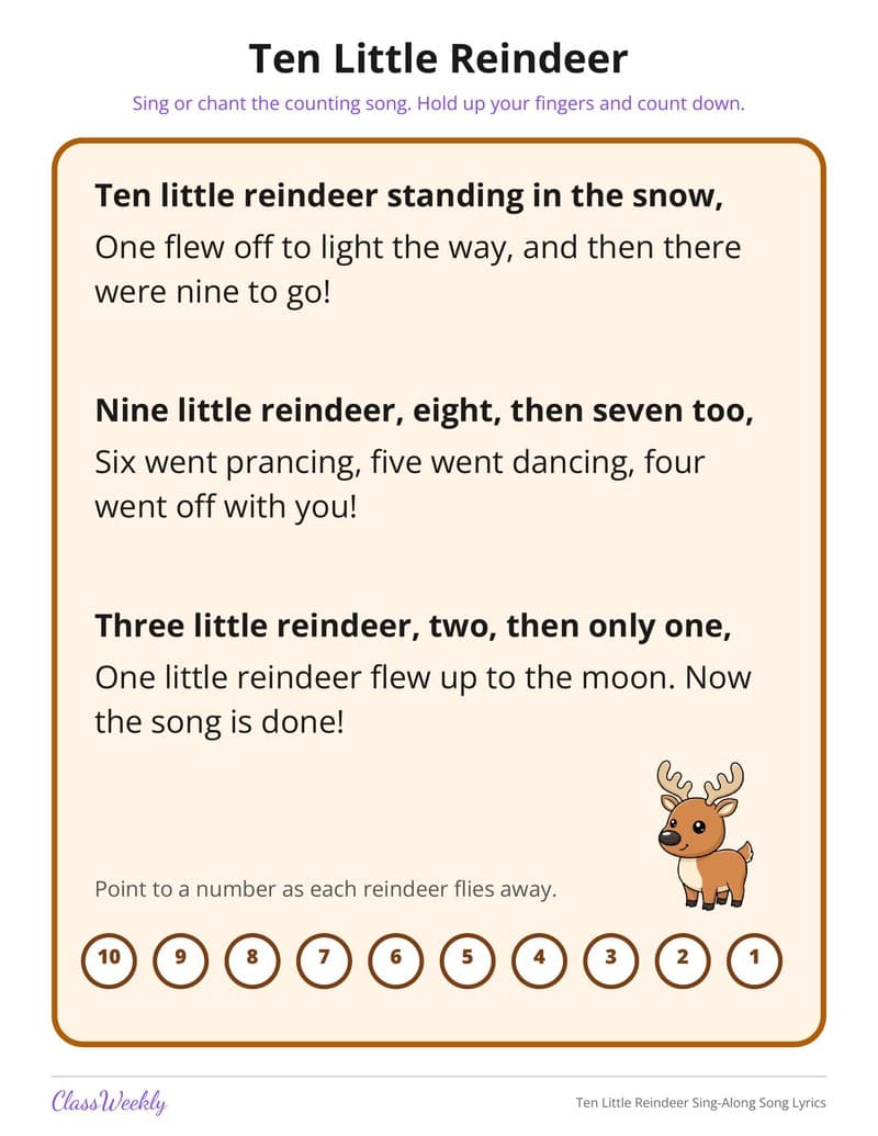 Ten Little Reindeer Sing-Along Song Lyrics - Kindergarten Holiday Activities printable preview