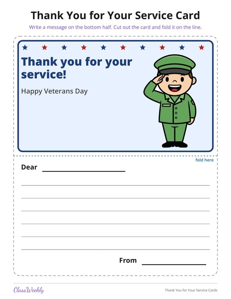 Thank You for Your Service Cards - 2nd Grade Holiday Activities printable preview