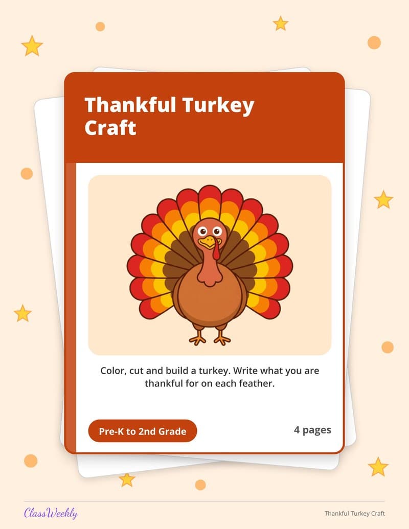 Thankful Turkey Craft - Kindergarten Holiday Activities printable preview