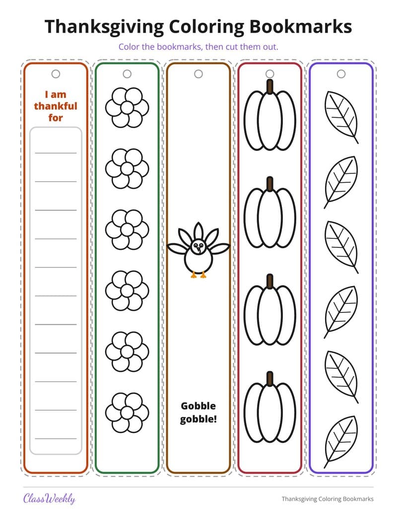 Thanksgiving Coloring Bookmarks - 3rd Grade Holiday Activities printable preview