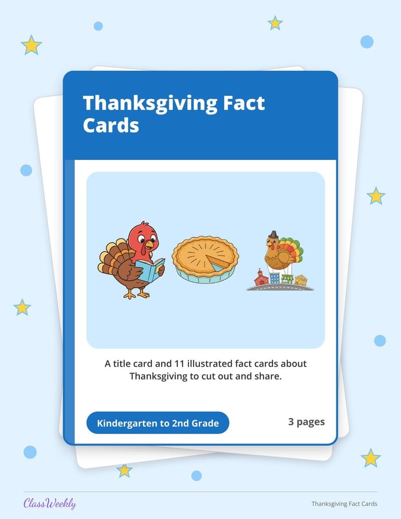 Thanksgiving Fact Cards - 2nd Grade Holiday Activities printable preview