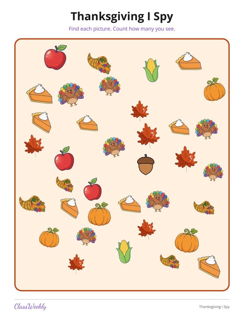 Thanksgiving I Spy - Kindergarten Holiday Activities printable preview