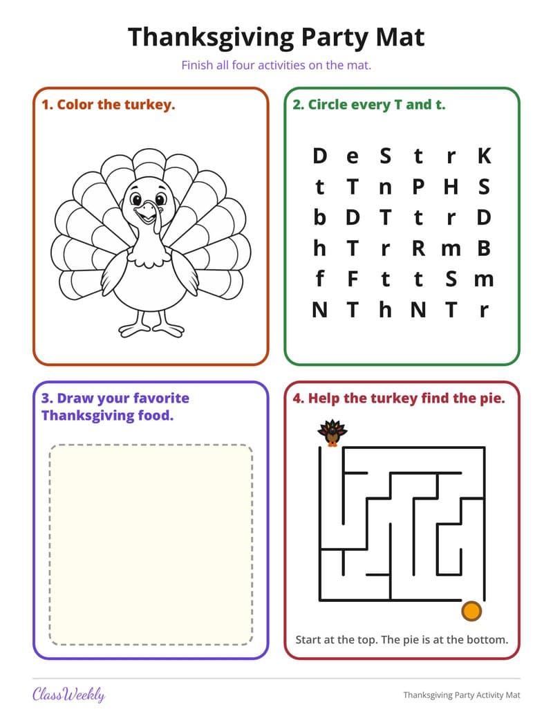 Thanksgiving Party Activity Mat - Kindergarten Holiday Activities printable preview