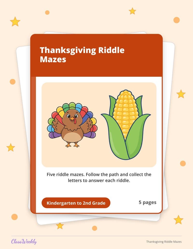Thanksgiving Riddle Mazes - 2nd Grade Holiday Activities printable preview