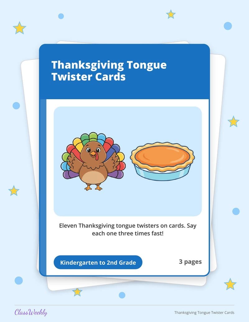 Thanksgiving Tongue Twister Cards - Kindergarten Holiday Activities printable preview