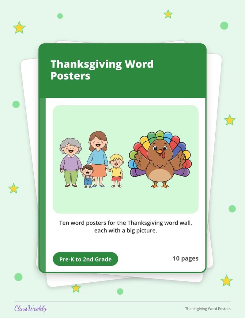 Thanksgiving Word Posters - Kindergarten Holiday Activities printable preview