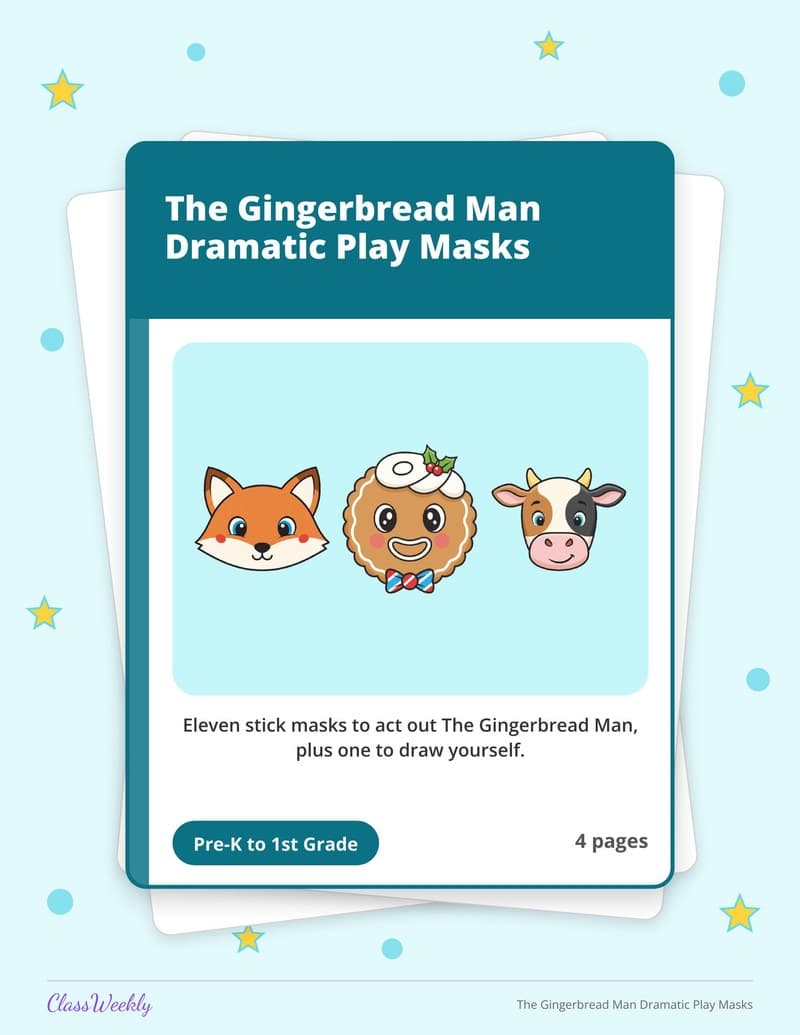 The Gingerbread Man Dramatic Play Masks - Kindergarten Holiday Activities printable preview