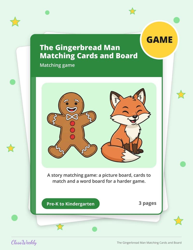 The Gingerbread Man Matching Cards and Board - Kindergarten Holiday Activities printable preview