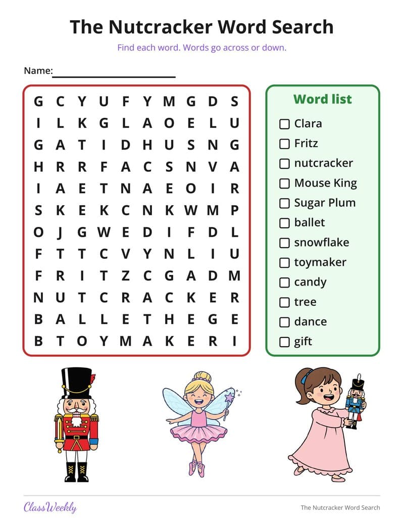 The Nutcracker Word Search - 3rd Grade Holiday Activities printable preview